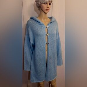 Soft Surroundings mohair blend hooded sweater w/shell buttons. Light blue. Sz. M